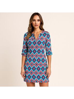 Hatley NWT Lucy mini dress cotton Sunset Ikat V neckline sleeveless blue 3/4 XS